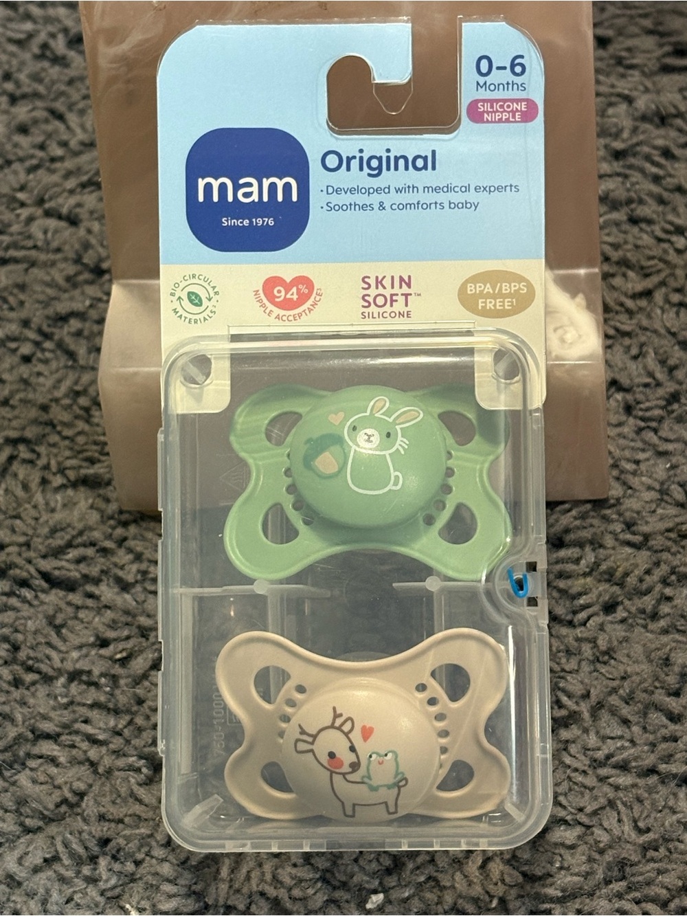 NWT Mam - Original - Silicone Nipple - green rabbit & brown deer - 0-6 months